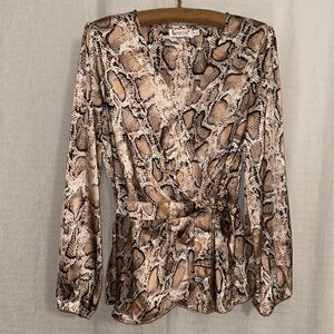 Sunny Girl 14 Python Snake Print V-Neck Front Wrap Peplum Long Sleeve Blouse